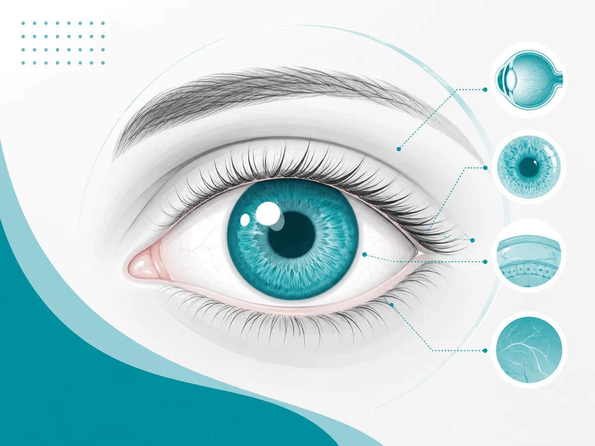 Ilustración anatómica del ojo humano con detalles médicos.