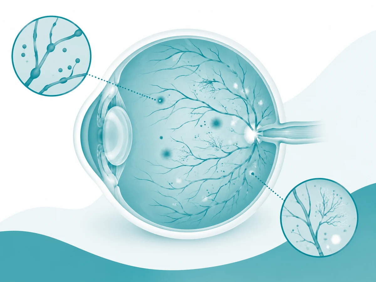 Ilustración anatómica del ojo y retina asociada a retinopatía diabética.